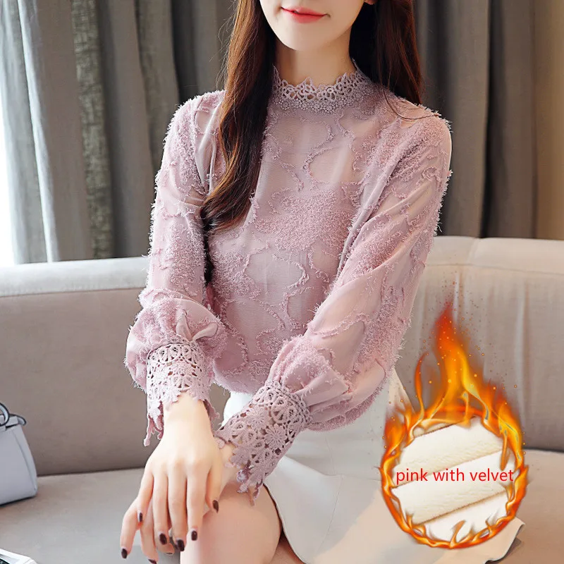 pink with velvet Зимняя Теплая Флисовая толстая белая открытая кружевная шифоновая блузка рубашка с длинным рукавом Женские топы и блузки женская рубашка больших размеров - Цвет: pink with velvet