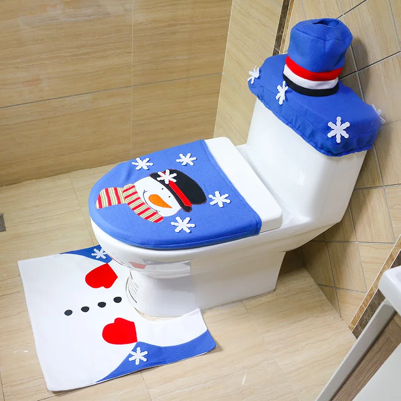 

1 Set/3pc Christmas Snowman Toilet Cover Set Chinese Style Embroidered Bathroom Decor Anti-slip Mat Rug Xmas Decoration