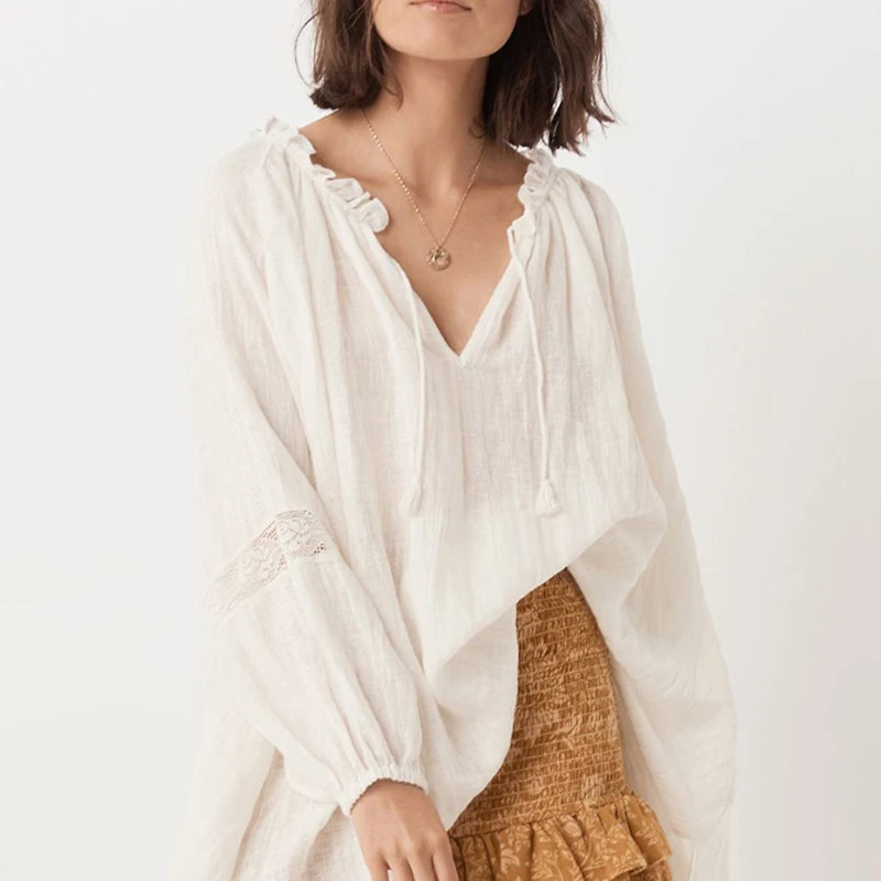 Фонарь с длинным рукавом Хлопок Boho белая блузка, женские рубашки богемные Кружева V шеи свободные блузки Женщина Плюс Размер Топы Blusas