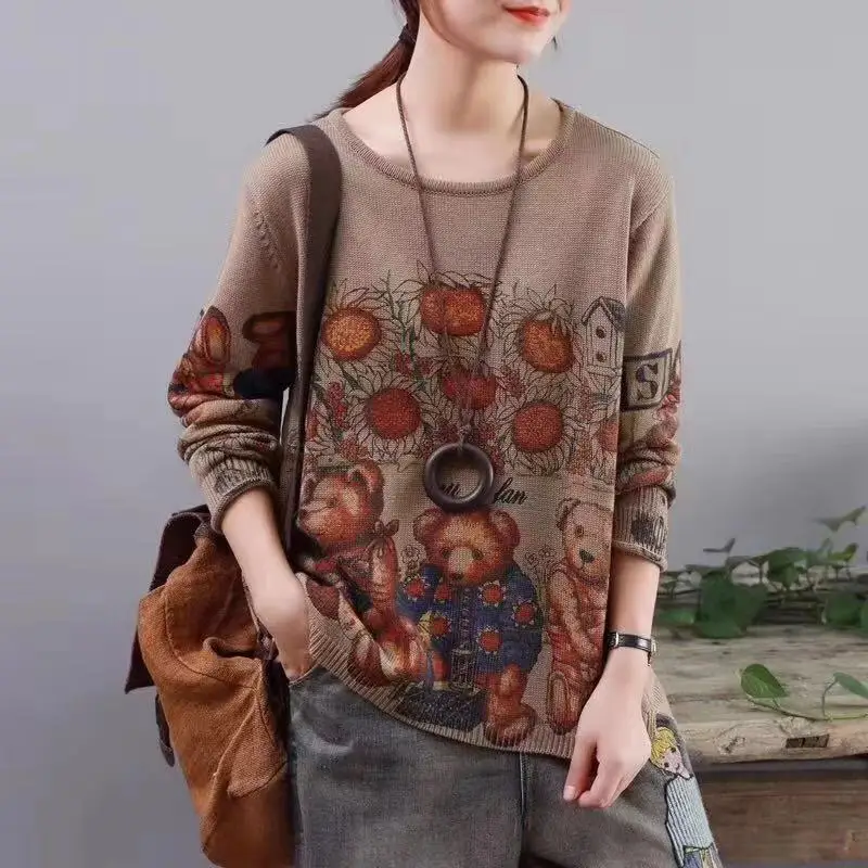 QQ0788-Khaki Зимняя трикотажная Женская одежда, трикотажная куртка с принтом, топ, пальто, весна-осень, пуловер, джемпер, толстовка - Цвет: QQ0788-Khaki