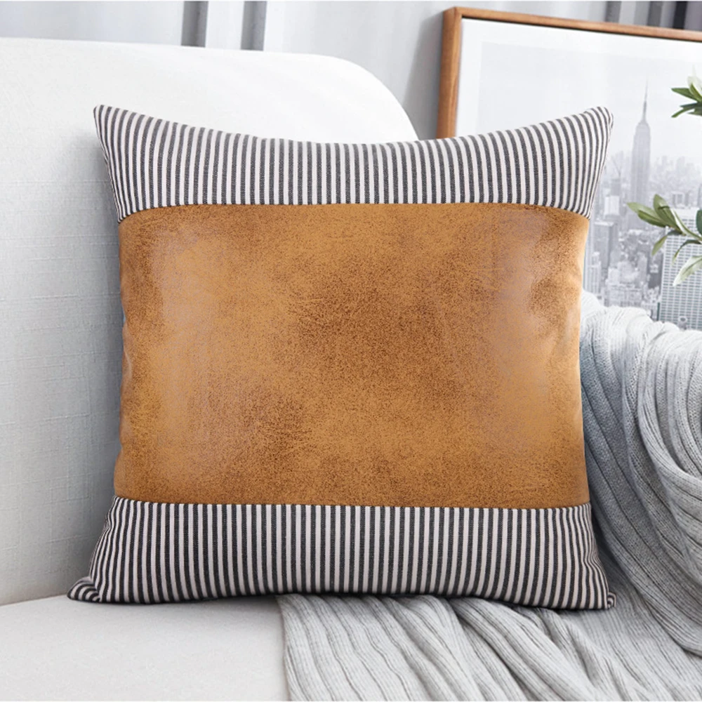 

Nordic PU Leather Cushion Cover 45*45 Stripe Stitching Pillow Case Decorative Cushions Covers For Sofa Throw Luxury Pillow Cover