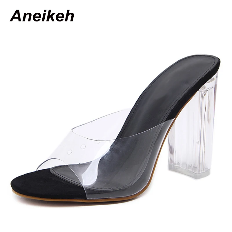 black Aneikeh/Новинка года; прозрачные босоножки из пвх; пикантные босоножки на тонком каблуке с открытым носком и кристаллами; женские босоножки на прозрачном каблуке; шлепанцы; туфли-лодочки; размеры 41, 42 - Цвет: black