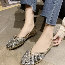 Женская обувь; коллекция года; сезон лето; Новинка; тонкие туфли; стразы; блестки; обувь на плоской подошве в Корейском стиле