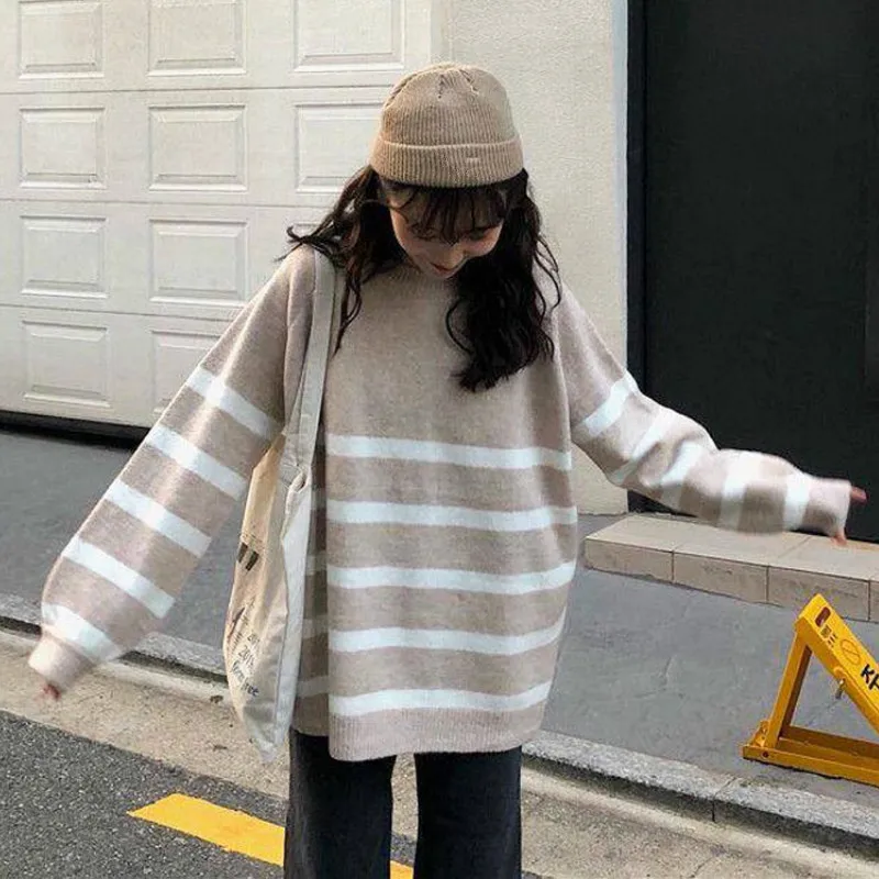Neploe осень зима Harajuku стиль полосатый вязаный свитер женский свободный простой средней длины пуловер для женщин низ Топ 46656