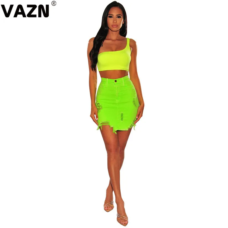 fluorescence green VAZN GHSF12030 незаметный возраст снижение сексуальный комбинезон модный однотонный высокая Талия Тонкий Джокер женские джинсовые мини-карандашные юбки - Цвет: fluorescence green