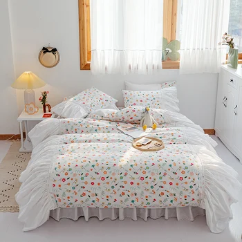

Korean Princess Style 100% Cotton Small Floral Print White Ruffles Duvet Cover Bed Skirt Bed Shtte Pillowcases Gril Bedding Set