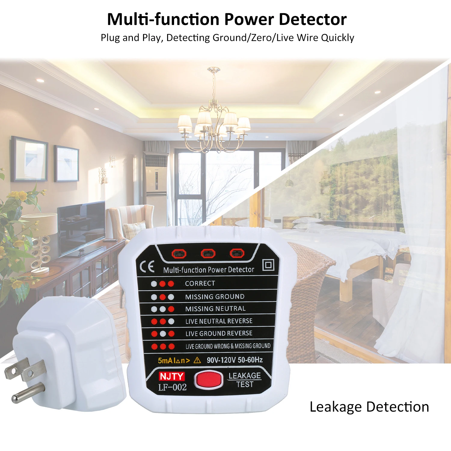

NJTY RCD Electric Socket Tester Automatic Live Earth Wire Testing Circuit Polarity Detector Breaker Finder Electric Leakage Test