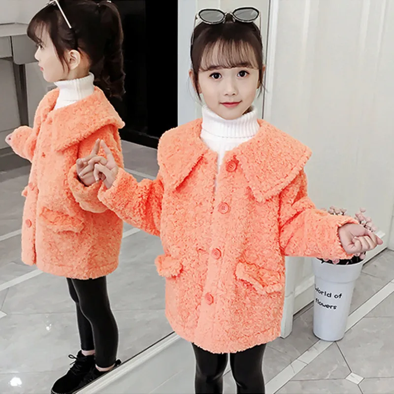 Коллекция года, зимнее пальто с мехом в Корейском стиле для больших девочек Высококачественная модная однобортная теплая верхняя одежда принцессы для девочек возрастом от 3 до 12 лет