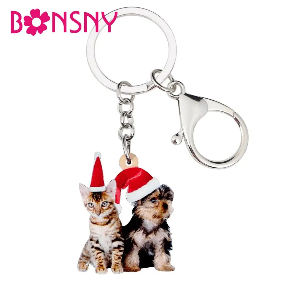 Bonsny акриловые рождественские брелки для ключей с котенком кошкой йоркширским