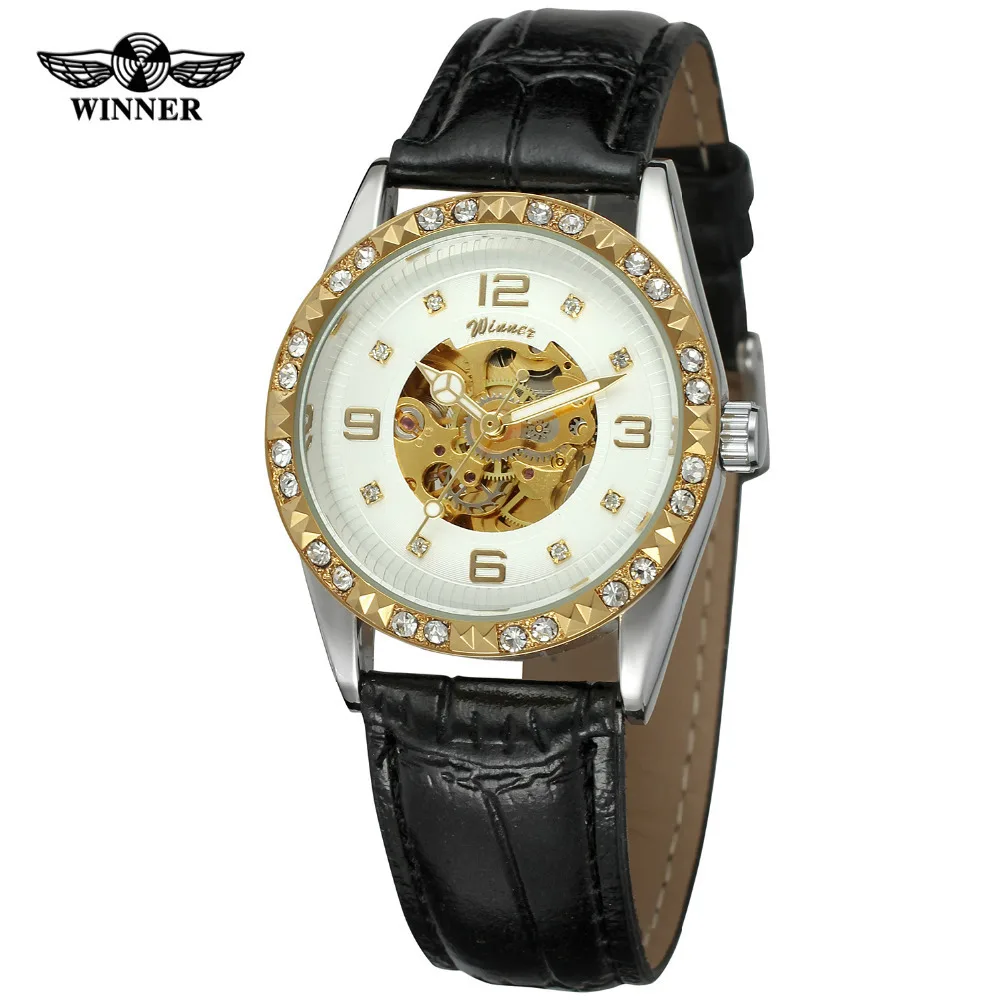 

Winner Korean-style Women's Fashion Casual Man-made Diamond Hollow out Mechanical Movement Fully Automatic Analog Watch