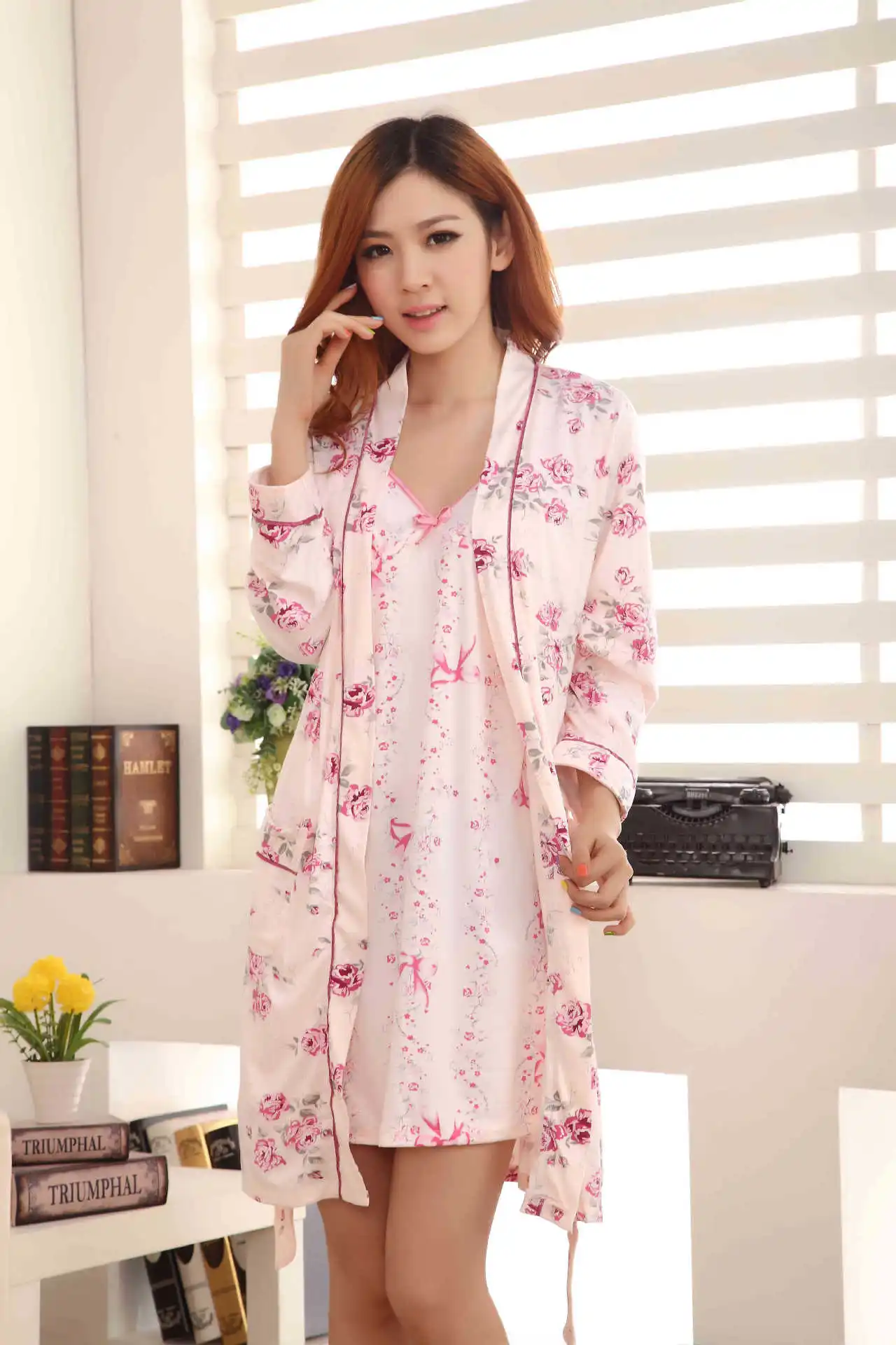 Night Robe Sleepwear Dress Two-Piece SetAutumn And Summer Cartoon Long-Sleeve Pajamas Strap Nightdress Tracksuit Nightgown