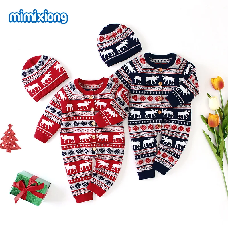 

Jimiko new baby autumn and winter long-sleeved clothes Christmas deer jumpsuit romper Christmas baby clothes cap set boy girl