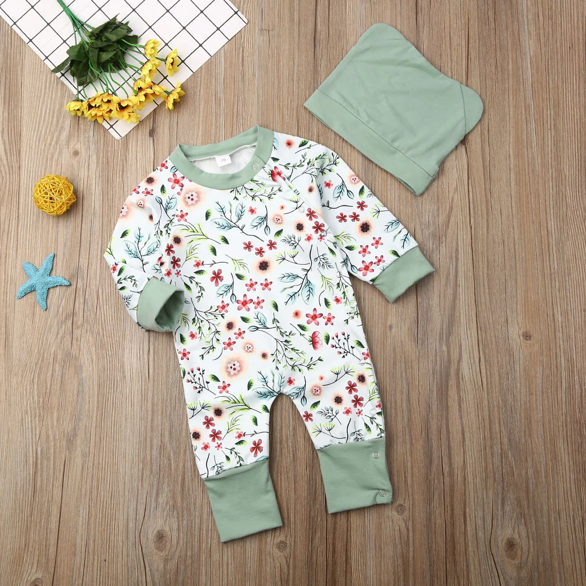 Emmababy, 2 предмета, г. Одежда для малышей Детская одежда с цветочным принтом для девочек, одежда для детей, комбинезон+ шапочка, комплект одежды