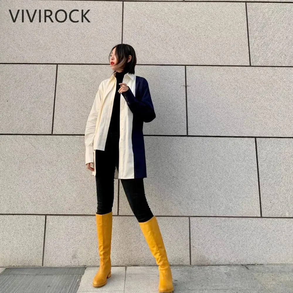 VIVIROCK женская блузка, одноцветная Лоскутная Блузка с длинным рукавом, блуза с отворотом, повседневные топы, крутой ветер, универсальная блузка, рубашка