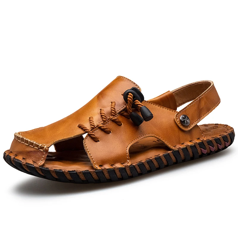 Leather Sandals Men Summer Casual Slip On Big Size 47 48 2021 Beach Breathable Soft Comfortable Flat Shoes Sandalias Hombre