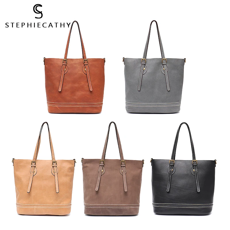 SC Brand Design Women Natural Cowhide Tote Bag Ladies Causal Shoulder Bag Vintage Leather Handbags Female Thread Crossbody Purse
