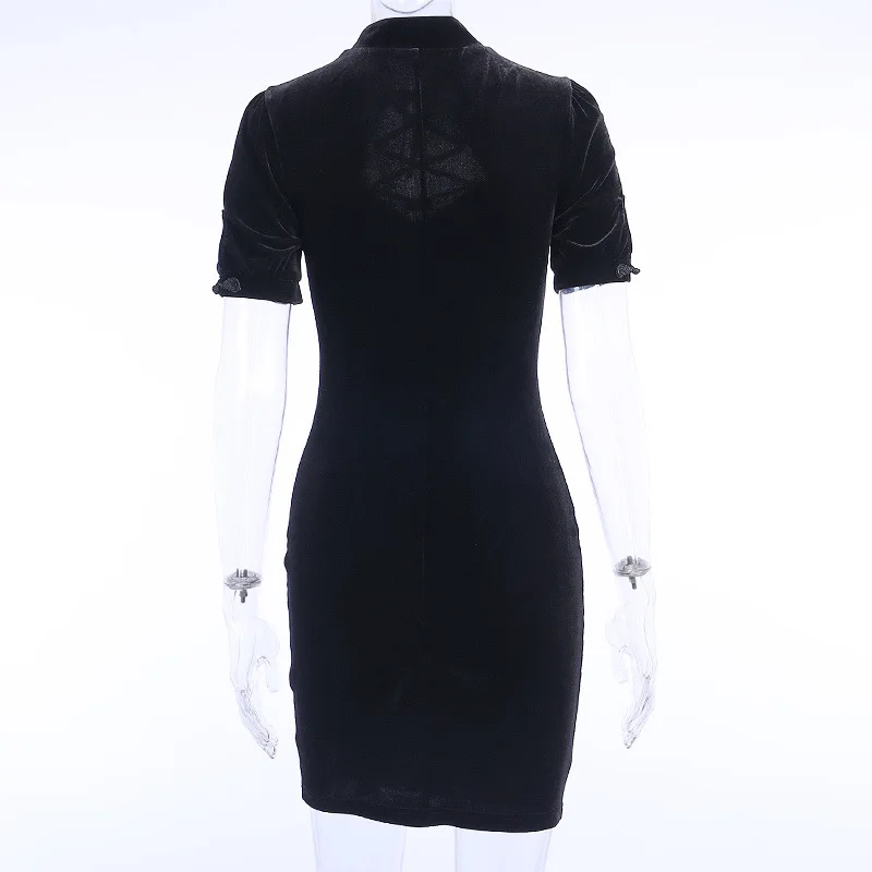 Black Punk Woman Chinese Style Cheongsam Mini Dress 2022 Summer Gothic Lace-up Bust Hollow Out High Waist A-line Chic Dresses