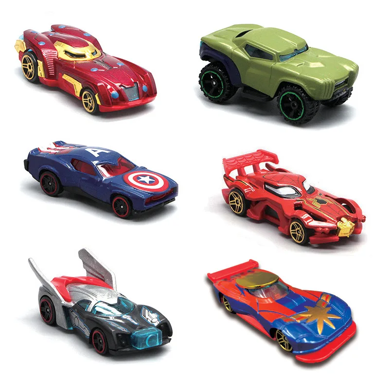 6 unids/set de coches de juguete para niños, figuras de acción de Iron Man, dibujos animados de Capitán América, Spiderman, coche de aleación, Anime
