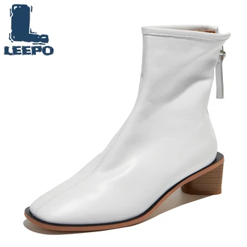 

2020 Women Ankle Boots Cow Leather Winter Short Plush Zippers Square Toe Black Color High Heels Female Boots Party Dress