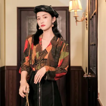 

iMucci 2020 New Spring Loose Shirt Women Turn-down Collar Full Sleeves Vintage Printing Fashion Female Blouse Tide TM1324