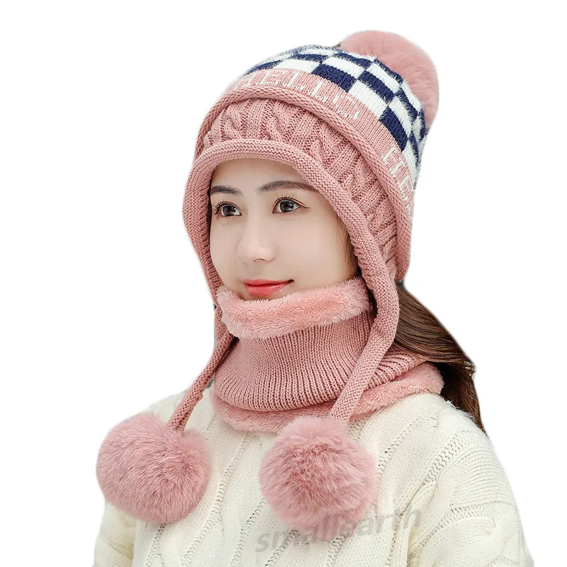pink set Женские плюс бархатные толстые наборы шарф шапка зимняя теплая вязаная шапка набор шарфов для девочек плюшевые шапочки Femmale Skullies шапочка для верховой езды - Цвет: pink set
