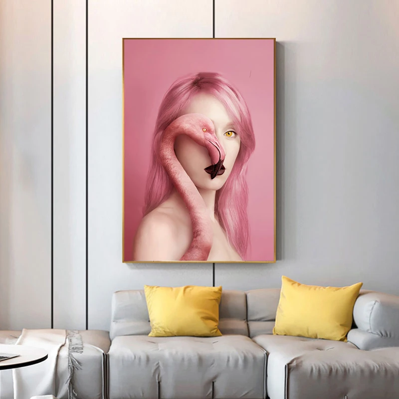 

Canvas Painting Nordic Portrait Posters and Prints Sexy Nude Women and Flamingo Wall Pictures for Living Room Cuadros Home Decor