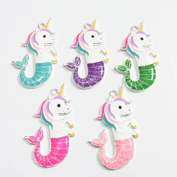 

Newest ! 50mm*32mm 10pcs/lot All Enamel Unicorn With Glitter Mermaid Tail Pendant For Chunky Kids Necklace