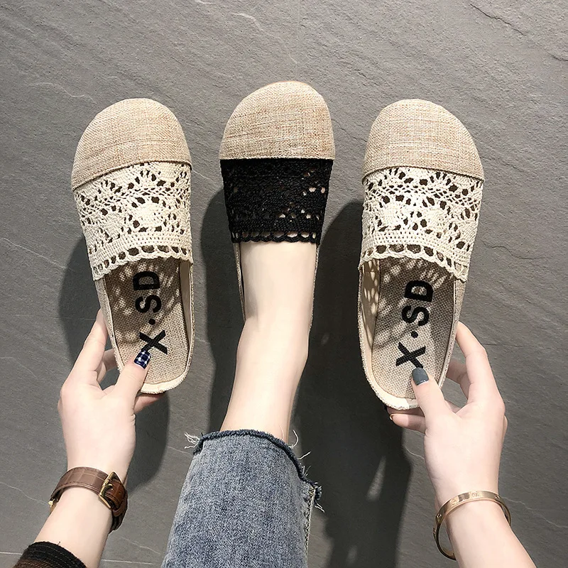 

Closed-toe Sandals Female Summer Casual Daren Retro Flax Lace Hollow out Maternity Shoes Flat Breathable Half WOMEN'S Shoes