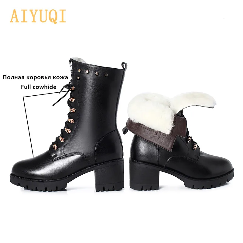 Full cow wool AIYUQI; женские ботинки; зимние ботинки до середины икры; женские Ботинки martin с шипами из натуральной кожи; теплые ботинки в байкерском стиле; большой размер 43 - Цвет: Full cow wool
