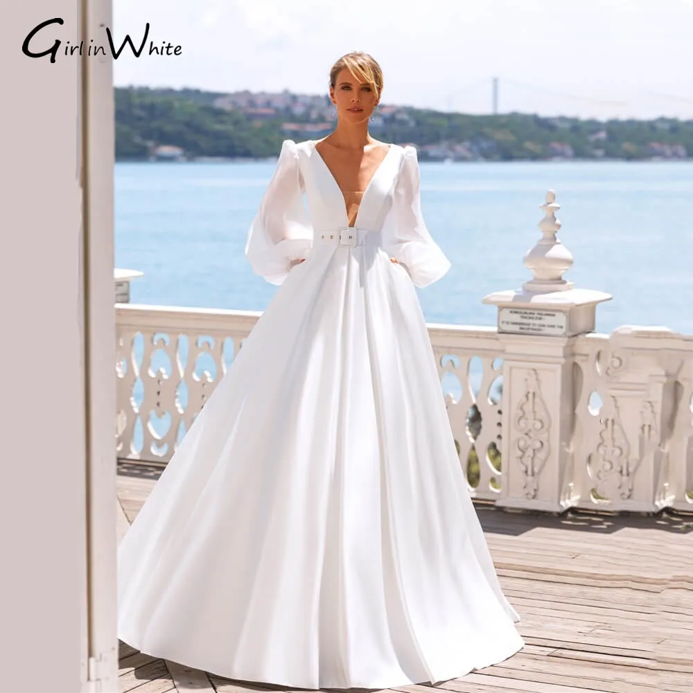 

Женское атласное свадебное платье It's yiiya, белое шифоновое платье с длинными рукавами-фонариками и глубоким V-образным вырезом на осень 2019