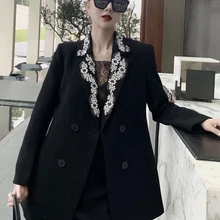 Тяжелое ремесло бисером Стразы бисером двубортный Блейзер Леди Осень слинг кружева вырез платье комплект из двух частей