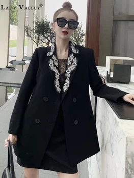 

Heavy Craft Beaded Rhinestone Beaded Double Breasted Blazer Lady Autumn Delivery Sling Lace Cutout Dress Set Two Piece