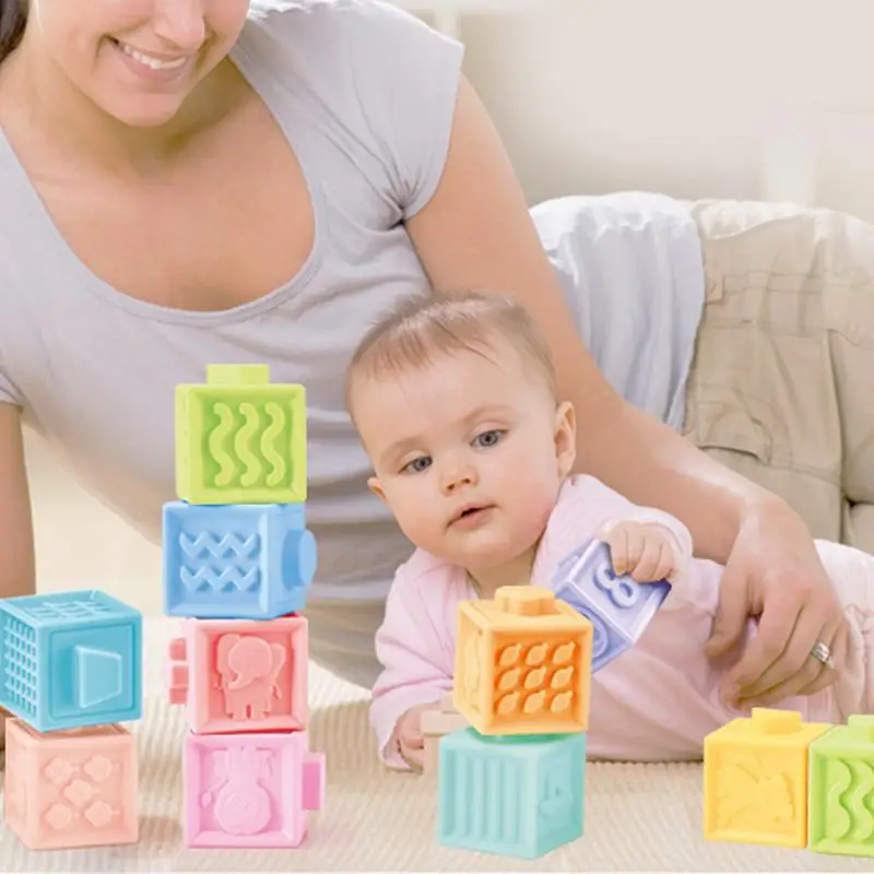 

New Baby Embossed Toys Soft Rubber Building Blocks Food Grade Infant Teether Molars Bite Blocks Early Educational Perception Toy