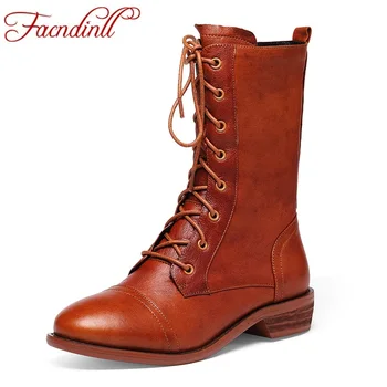 

FACNDINLL women genuine leather ankle boots new fashion square med heels rome style black brown shoes woman short boots size 42