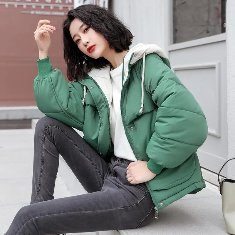 

New Down Cotton Coat Female Parka Winter Jacket Loose Hooded Warm Short Winter Coat Oversize Thick Padded Jacket Outerwear Q1897