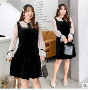 

Spring solid color 2020 spring fat MM large size women's lace transparent dress