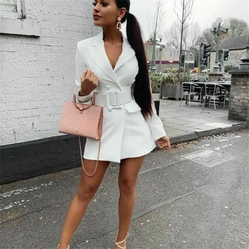 White Офисное женское элегантное платье, новинка, длинный рукав, лацкан, ремень, бодикон, простое платье, повседневное, мини, Блейзер, платья, офисная одежда для женщин - Color: White
