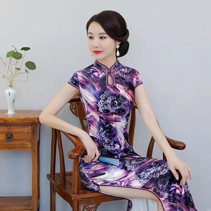 Китайское женское осенне-зимнее велюровое платье Чонсам Qipao пикантные длинные Чонсам ручной работы на пуговицах Qipao Vestidos