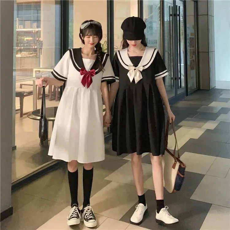 Harajuku Sailor Collar Navy Dress Japanese Lolita Sweet Bow-knot Girl Retro Cotton Kawaii Preppy Style Short Sleeve Dress Women