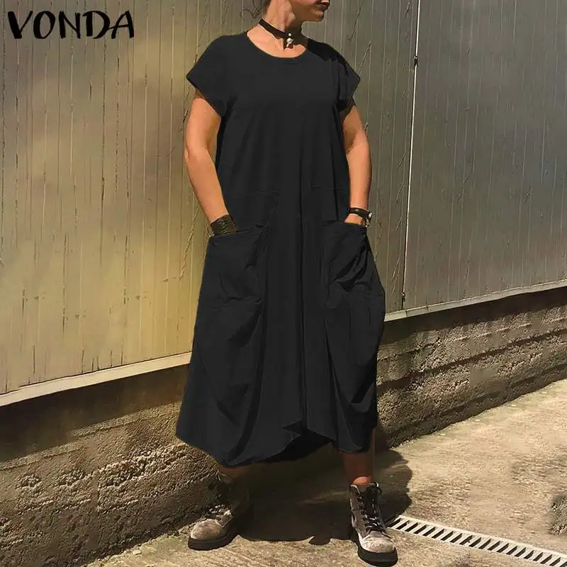 VONDA, женское летнее платье,, Ретро стиль, одноцветное, короткий рукав, пуговицы, макси, длинное платье, негабаритный сарафан, Femme Robe S-5XL Vestidos