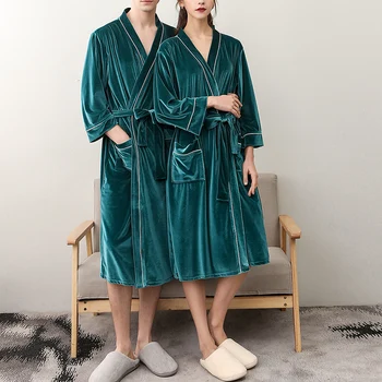 

Unisex Flannel Robe Pajamas Lace Up V Neck Solid Color Long Bath Robe with Side Pockets
