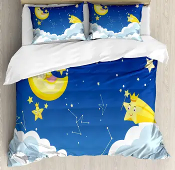 

Zodiac Moon Duvet Cover Set Childish Cartoon of Sky and Constellations 3 Piece Bedding Set Cobalt Blue Yellow