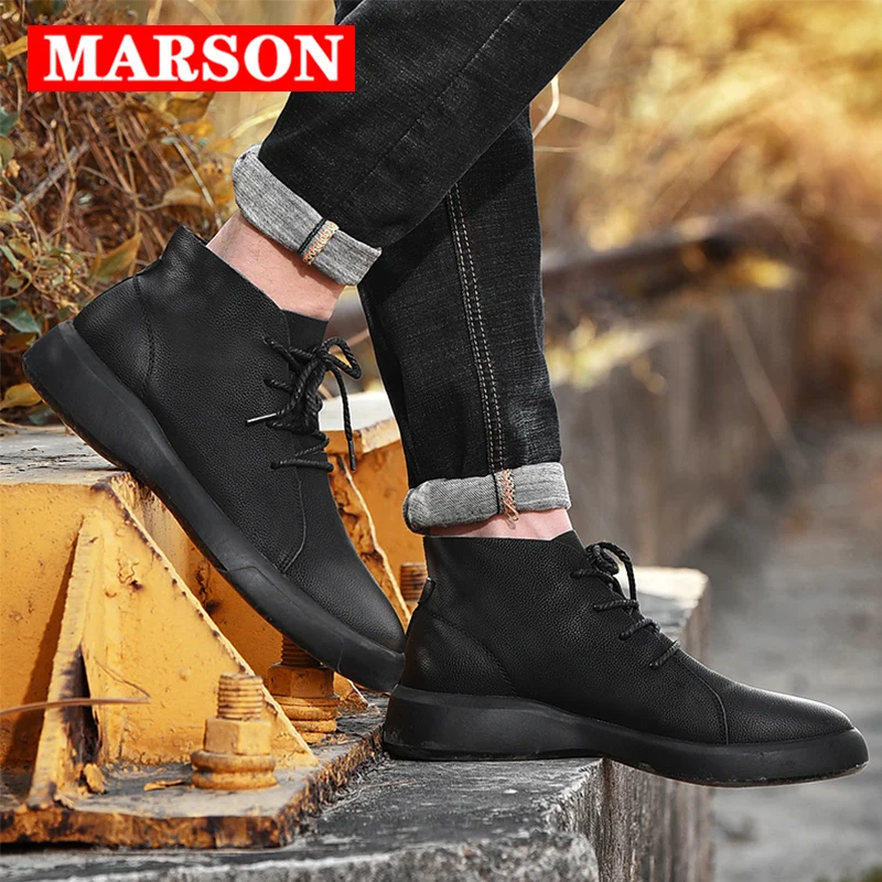 MARSON Couple's Casual Flats Boots Short Shoe Ankle Short Boot Comfortable Waterproof Outdoor Hiking Leather Footwear Plus Size