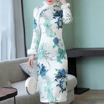 

Chinese Style Cheongsam Dress Women Flower Print Loose Side Split Dresses Autumn Winter Long Sleeve MId Long Dress