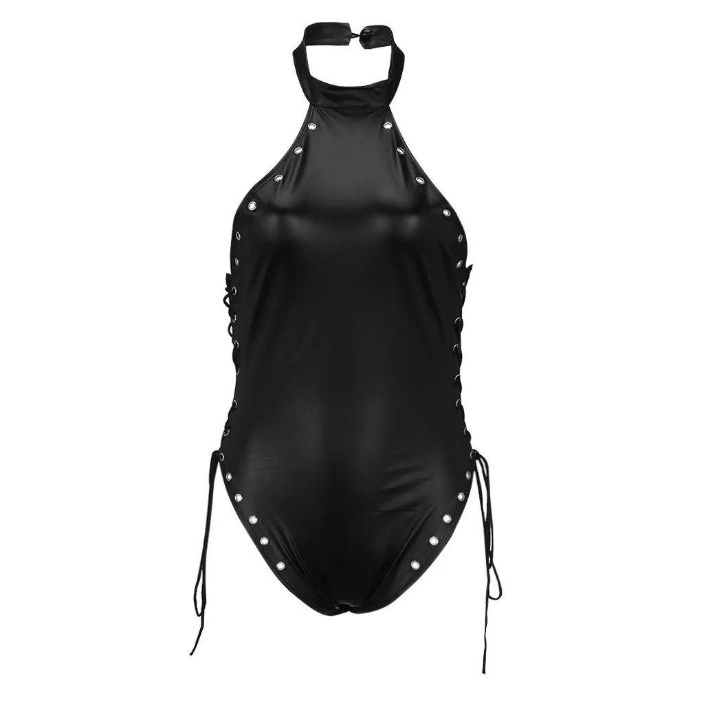 Fashion Summer Leather Buckle Bodysuit Women Clothes Solid Halter Bodysuits Woman Sexy Lace Up Jumpsuits Body Mujer Femme 2020