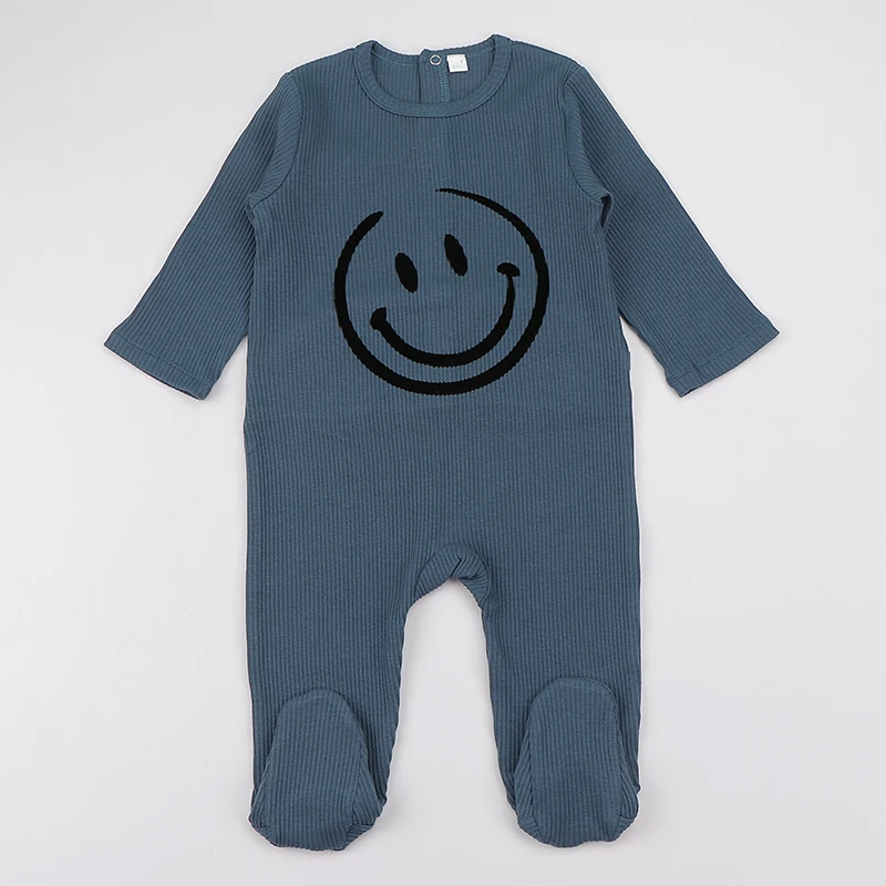 Babyromperkidsclotheslongsleevesribbedpajamasbabyoverallsflockingsmileboygirls