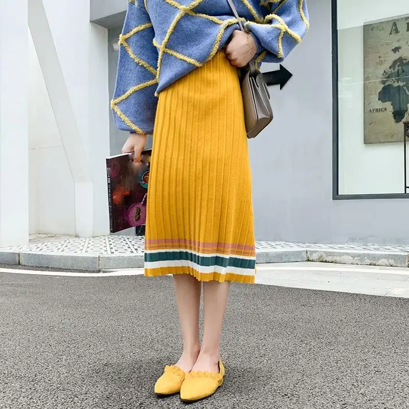 Осенние плиссированные свитеры юбки с эластичной резинкой на талии, женские вязаные юбки в полоску, Женская Повседневная плотная Зимняя юбка