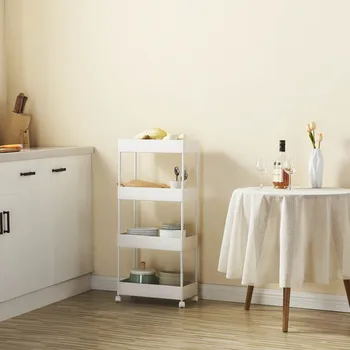 

4 Tier Slim Storage Cart Mobile Shelving Storage Rolling Utility Cart Rack for Kitchen Bathroom Unit Organizer Slide Out