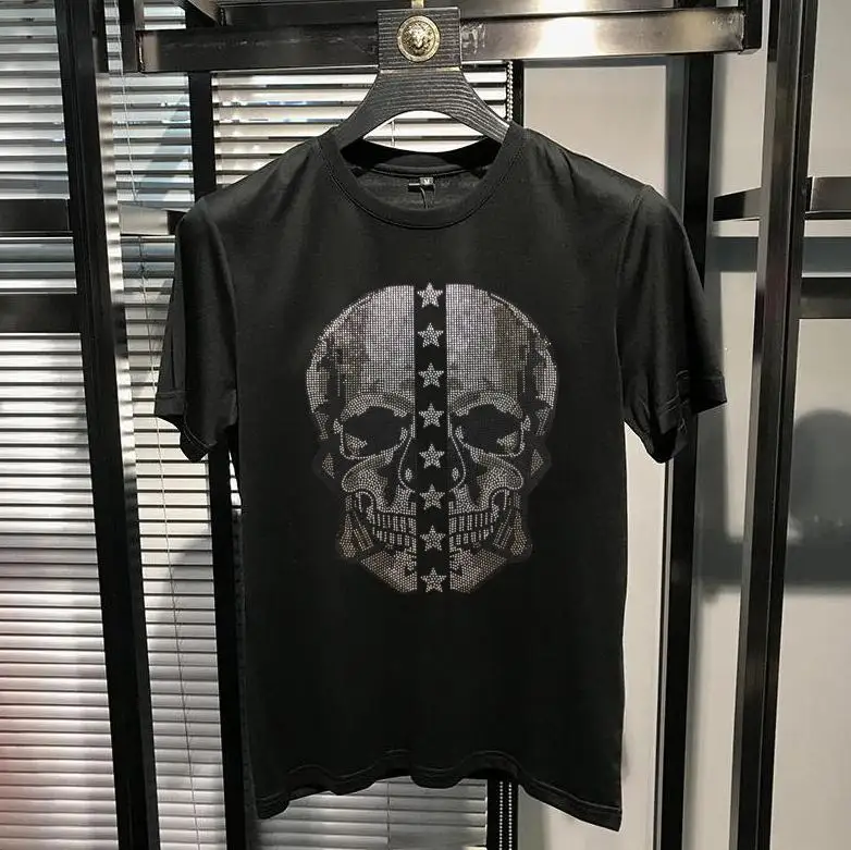 Plus Size M-5XL Skull Rhinestones T Shirts Men Summer top tees O Neck Slim fit Tshirts high quality | Мужская одежда