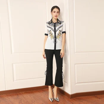 

Xiao mo Women's Casual Short Sleeve Shirt with Spring 2020 Fashion Outfit and Elegant Two Piece Lace Up Flared Pants